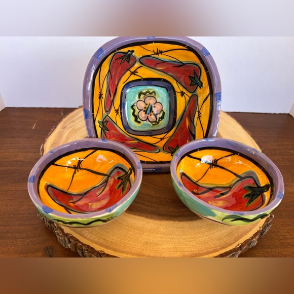 Kelly Jo Kuchar 4 PC Chip & Dip Set. Handpainted Handmade in Mexico. Signed. - Picture 7 of 16